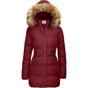 Women's Red Winter Thicken Puffer Coat Warm Jacket With Removable Hood